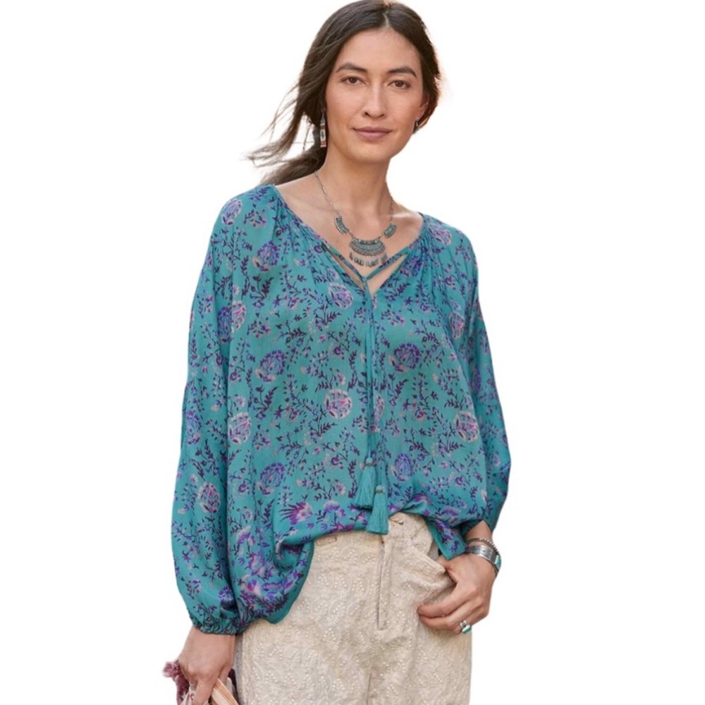Sundance Arielle sweet floral silk top dolman sleeve tassel blouse S - Picture 12 of 12